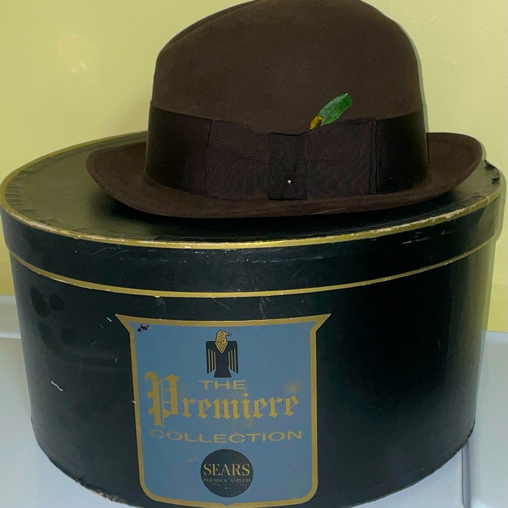 Vintage Sears premiere collection suede brown bowler hat size 7 with box